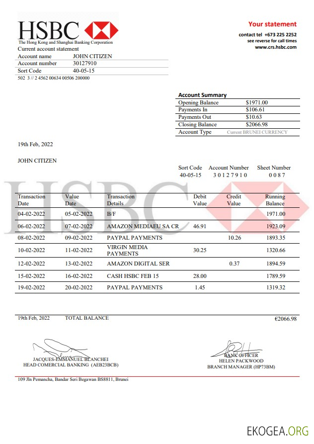 Relevé bancaire HSBC de Brunei
